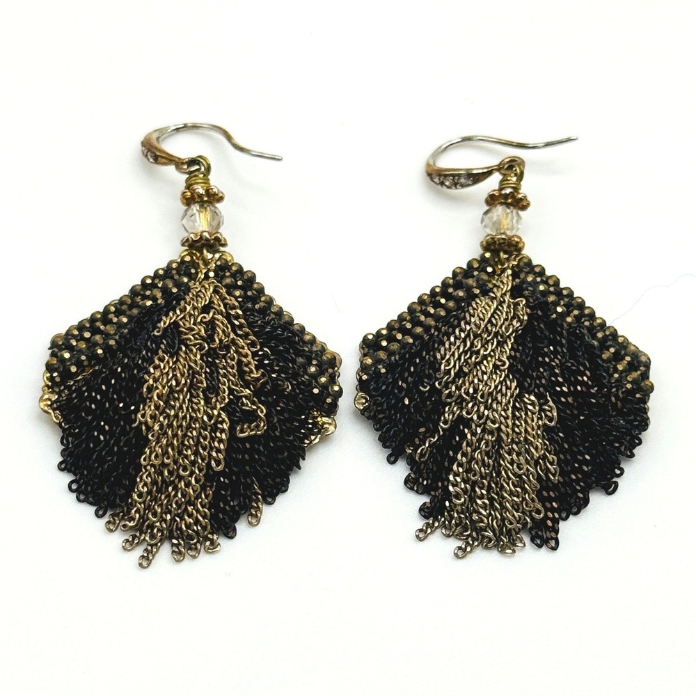 Artisan Beaded Chain Fringe Dangle Earrings Black Gold Tone Crystal Boho Retro